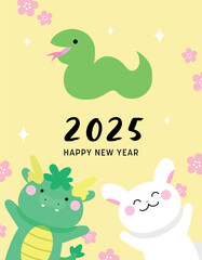 Zodiac animals celebrating chinese new year of the snake. Dragon, rabbit and snake greeting card for new year 2025.