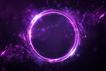 A black backdrop features a glowing purple ring frame, resembling a magic circle with energy waves and light.