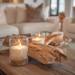 A cozy living room setting is showcased in a close-up shot of a coffee table, featuring two candles...