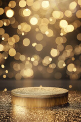 A gold podium is set against a glitter background with bokeh lights, suitable for product presentation, promotion, or advertising.