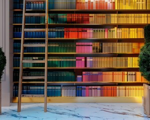 A serene library scene capturing shelves filled with books arranged by color against a clean, modern backdrop, with a wooden ladder adding a rustic touch.