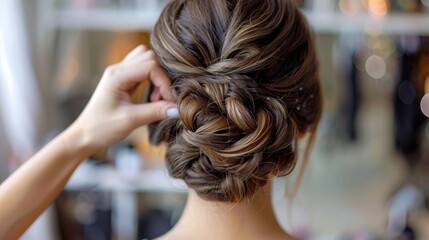 Naklejka premium A professional woman with elegant updo hairstyle, preparing for a formal event