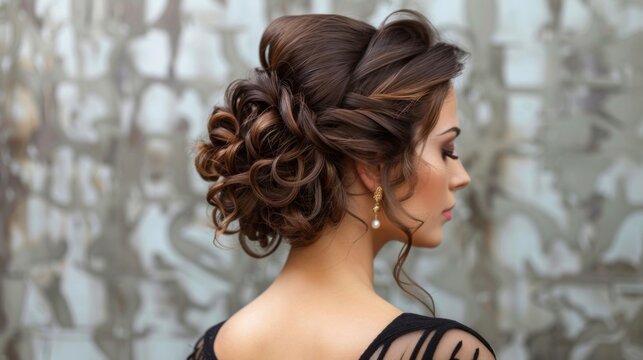 A professional woman with elegant updo hairstyle, preparing for a formal event