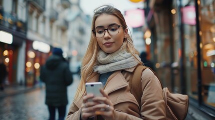 Fototapeta premium Young woman on the street using smartphone
