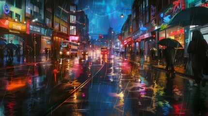 Fototapeta premium A rainy city street with reflections of lights on wet pavement and umbrellas