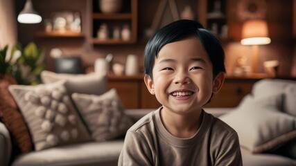 Portrait of a boy child who smiles against the backdrop of a bright room. Portrait advertising photography. AI generation. 
