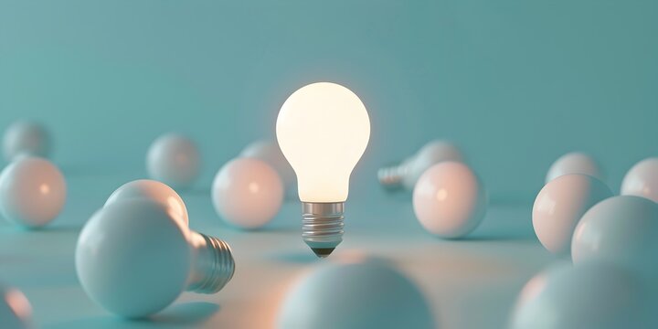 A glowing light bulb surrounded by multiple white bulbs on a simple background, symbolizing innovation and ideas. The focus is centered around the illuminated bulb which stands out from its surroundin