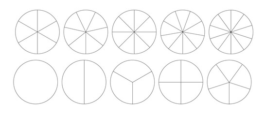 Segmented circles isolated on a white background. A different number of sectors divides the circle into equal parts. Vector