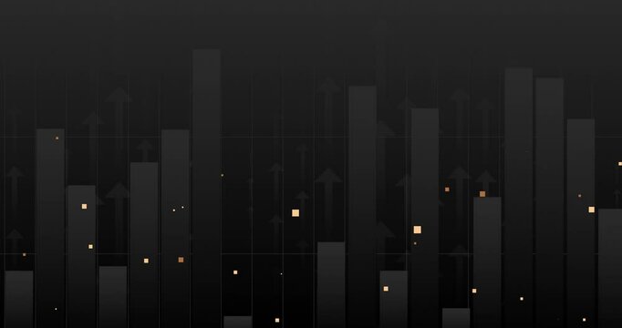 4k Grey black business animated background. Luxury style graphs with golden squares coins. Abstract cryptocurrency animation. Elegant urban office skyscrapers. Trading corporate report. Seamless loop