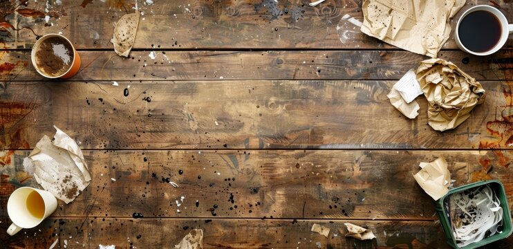 Crumpled paper balls, splattered paint, and cups of coffee rest on a well-worn wooden table, an artist's workspace teeming with creative energy and inspiration.