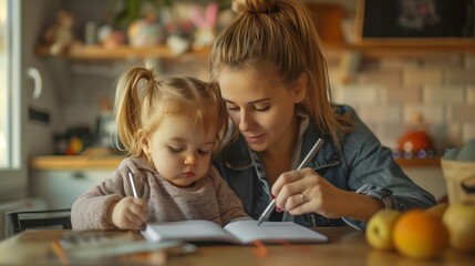 A mother and daughter are writing in a notebook together at home.