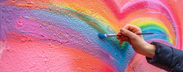 A close-up of a hand painting a vibrant rainbow heart on a textured pink wall, celebrating LGBTQ pride and colorful artistic expression, perfect for themes of love, equality, and creativity.