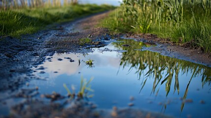 Fototapeta premium A reflection of a cornfield in a puddle, captured in a minimalist composition