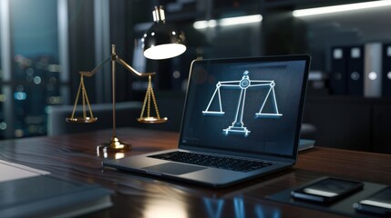 laptop computer with legal law scale information and regulations for company and corporate trade license and court governance compliance for online.