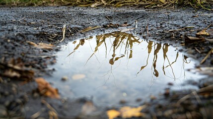 A reflection of a cornfield in a puddle, captured in a minimalist composition