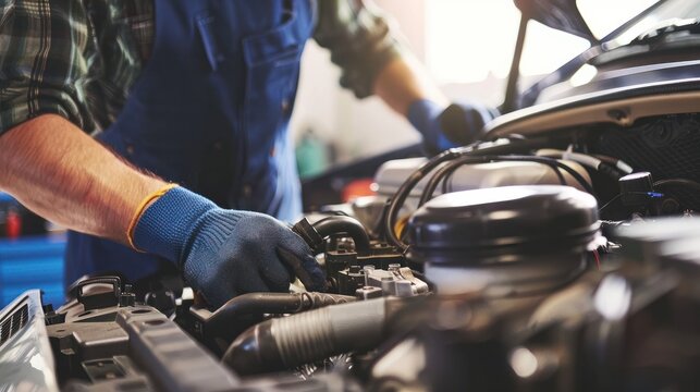 Mechanic in blue overalls inspecting a car engine in an auto repair shop, ensuring proper maintenance and functionality.