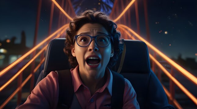 A character in glasses experiences a thrilling nighttime roller coaster ride, their face illuminated by dramatic lights, capturing a mix of fear, excitement and exhilaration. generative.ai