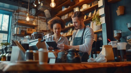 Fototapeta premium Multicultural Coffee Shop Owners Meeting Behind the Counter and Working on Tablet Computer and Checking Inventory in a Cozy Loft-Style Cafe.