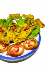 Photo of crispy fried mushroom food served on a plate and a bowl of sauce decorated with tomatoes and chilies on the side, on a white background. isolated