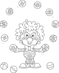 Funny curly-headed circus clown juggling with toy balls with numbers in a fun performance for little kids, black and white vector cartoon illustration for a coloring book