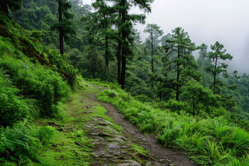 Fototapeta premium Hiking through lush green forest on winding trail