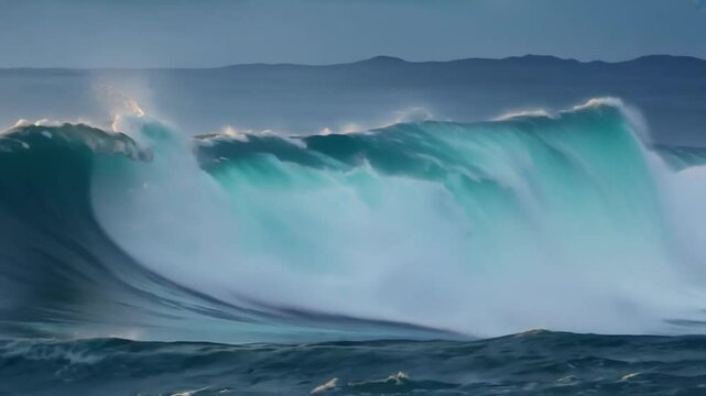 Majestic ocean waves crashing at dusk