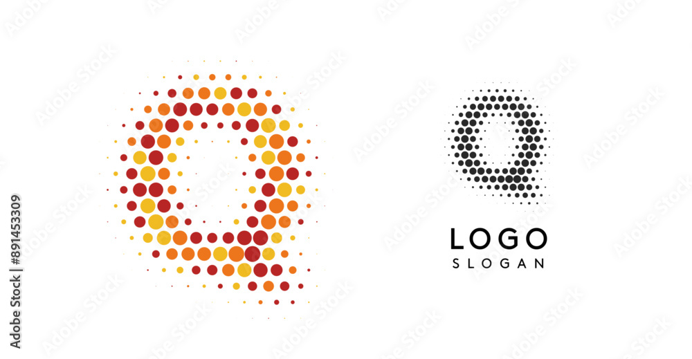 Poster abstract letter q logo with orange to red gradient dots, modern minimalist logotype concept for busi