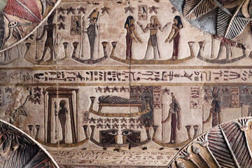 Ancient egyptian carvings on the columns of Khnum temple in Esna, Luxor, Egypt