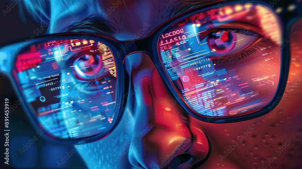 Poster data reflecting on eyeglasses on man's face. computrer programmer big data and ux designer concept
