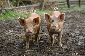 Two pigs standing in a dirt field. One is looking at the camera. The other is looking away