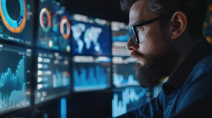 Fototapeta premium Expert financial analyst deciphering big data on desktop lcd screen for investment success