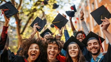 Group of cheerful student throwing graduation hats in the air celebrating, education concept with students celebrate success with hats and certificates