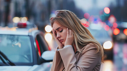 Fototapeta premium Anxious Sad Woman After Car Accident, Emotional Distress, Vehicle Collision, Upset Driver, Car Crash Scene, Accident Aftermath, Shocked Woman, Road Incident, Emotional Response