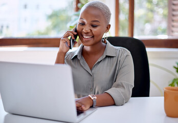 Black woman, laptop and creative office with phone call, planning or discussion with idea for...