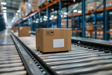 Closeup of boxes on conveyor belt in warehouse fulfillment center ecommerce delivery automation products