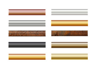 Pipe set isolated on background. Chrome, rusty, steel, golden, copper and iron pipes profile. Cylinder metal tubes. Vector