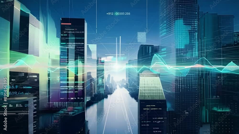 Wall mural dive into the pulsating heart of the financial world as you navigate through holographic replicas of