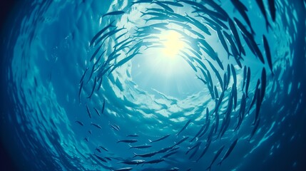 A small fish swimming in an intricate circle, seen from below with sunlight filtering through the water, creating a circle on top of the blue water.