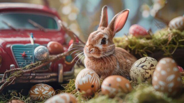 Osterhase f&Atilde;&curren;hrt im Tretauto zum Osterfest