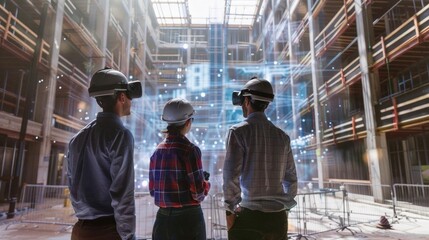 Group of engineers in VR setup, immersed in a virtual walkthrough of an under-construction high-rise, digital overlays of structural elements visible