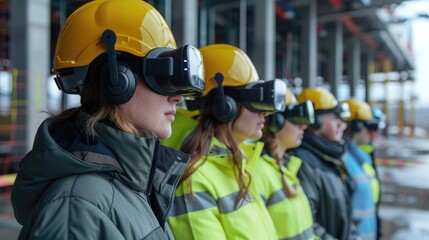 Fototapeta premium Group of engineers in VR headsets conducting a virtual walkthrough of a construction site, analyzing design flaws and structural details through digital tools