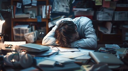 Fatigued employee slumped over desk, resignation letter visible, visible signs of burnout, chaotic work environment