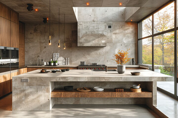 Minimalistic interior of a kitchen with an island, white and grey tiles on the wall, wooden cabinets, a concrete floor, a panoramic window, modern architecture in the style of mockup, aesthetic.