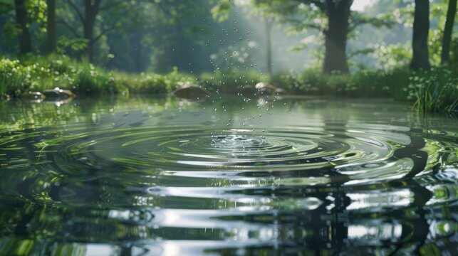 Ripples of Revision, calm pond where each ripple represents an edit made by a contributor. document evolving in real-time,