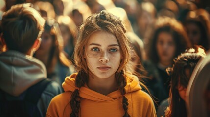 Young woman with red hair in a crowd