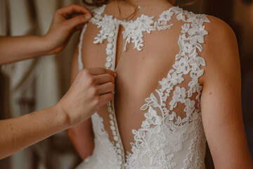 Bride getting gown adjusted with stick clip