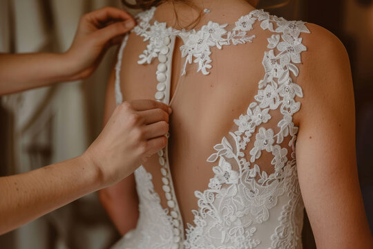 Bride getting gown adjusted with stick clip
