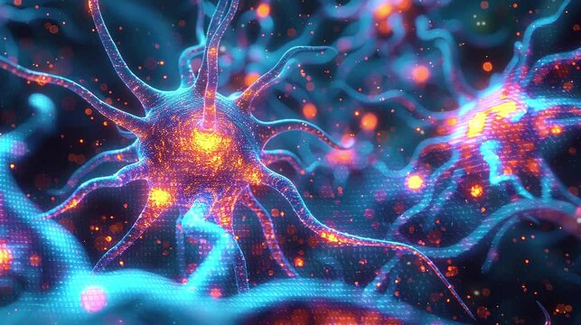 Video close up detailed of human neurons with dark background. For learning biology, science.