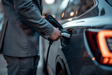 Man Plugging In Electric Vehicle In Urban Setting During Daylight