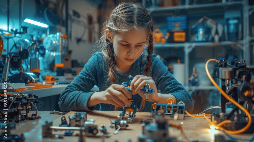 Poster ten years old girl constructing robotic device in robotics class. teen child constructing robotic ve